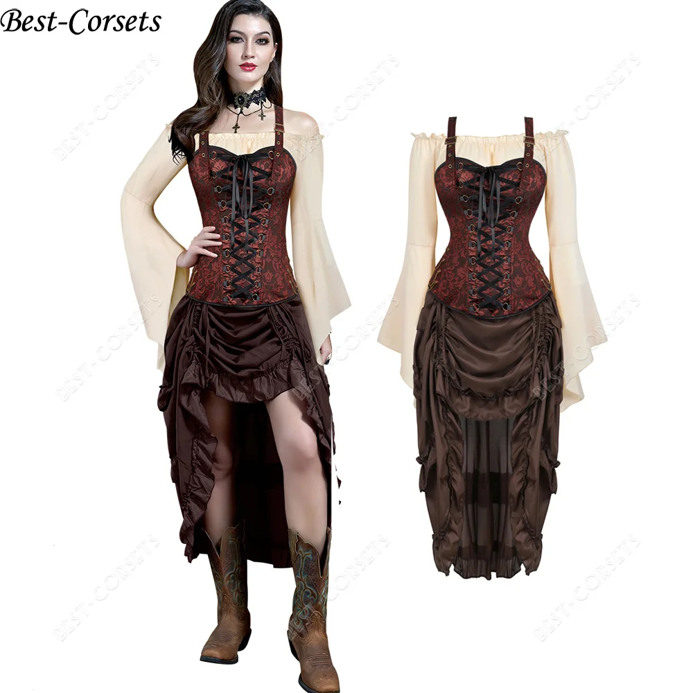 

Сексуальный пиратский корсет, платье, юбка, Женский корсет в стиле стимпанк, кружевная блузка с открытыми плечами, средневековый костюм на Хэллоуин для женщин