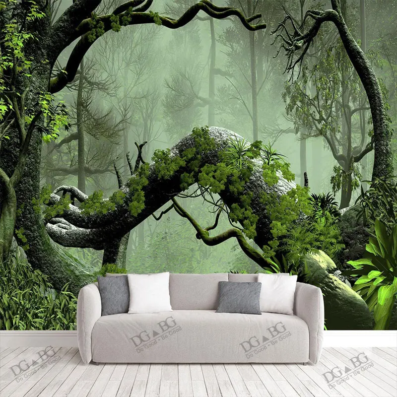 Foggy Fantasy Enchanted Forest Wallpaper Extra Large Wall Green Jungle Bedroom Mural Woodland Trees Couches Art Decor Paintings