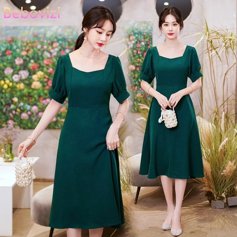 

Casual Short Sleeve Women's Midi Dress 2022 Summer New Fashion Retro Green Slim Dress