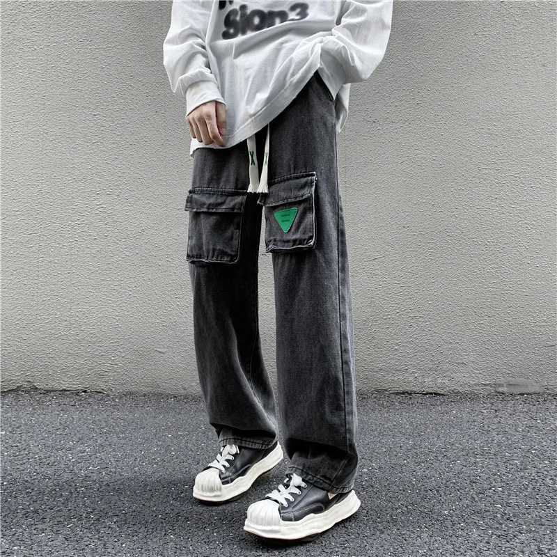 DEEPTOWN Pocket Cargo Jeans Men Straight Denim Workout Pants Hip Hop Classic Fashion Trousers Male Black Blue Spring Autumn