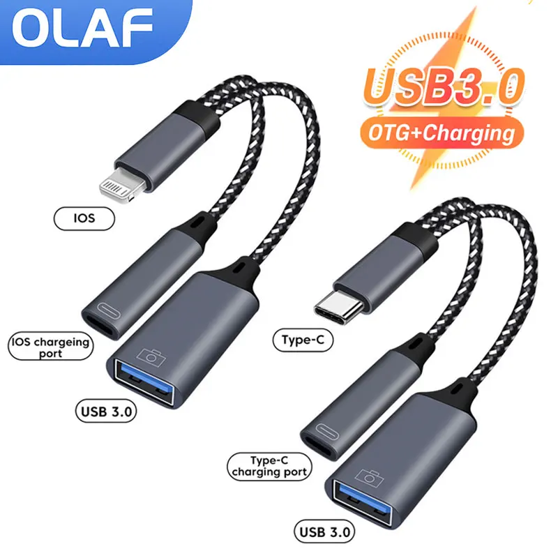 

2 в 1 USB 3,0 OTG адаптер для зарядки с подсветкой штекер на USB 3,0 адаптер для телефона кабель для iPhone 14 13 12 Pro Max iPad USB C OTG кабель