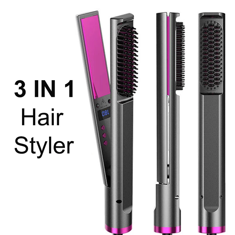 

3 in 1 Ceramic Flat Iron Hair Straightener Comb Hair Heated Straightening Brush Curling Iron Electric Hair Styling Appliances