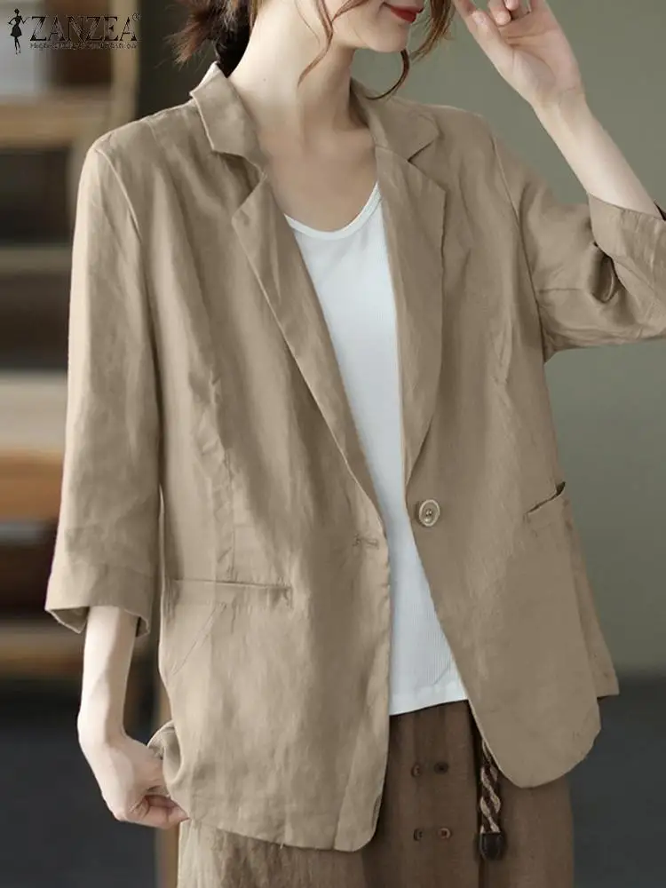 

Summer Lapel Neck 3/4 Sleeve Cotton Thin Coats 2023 ZANZEA Women Solid Blazer Autumn Vintage Loose Work Suits Casual Outwear