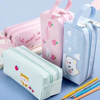 kawaii cartoon portable pencil case students pen box fabric large capacity double layer storage bag stationery offices supplies