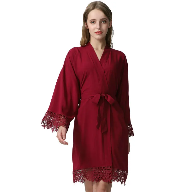 Bridesmaid Bride Robes Rayon Cotton Kimono Robes with Lace Robe Trim Women Wedding Bridal Robe Short Belt Burgundy