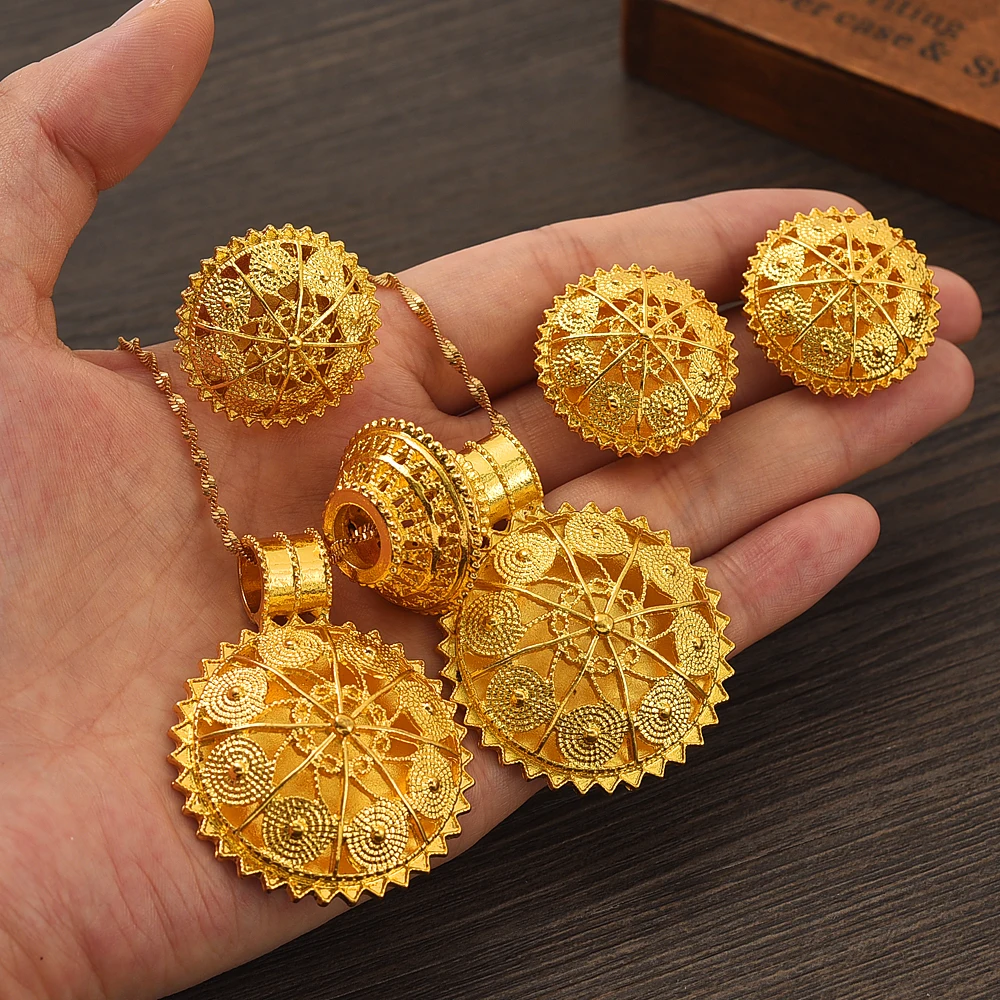 

Ethiopian Big Two Pendant Jewelry Set Necklace Classic Fashion Gold Eritrea Set For Women's Habesha Wedding Party Gift