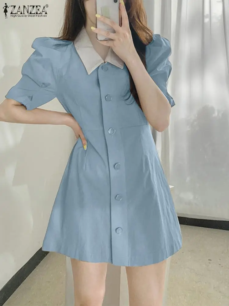 

ZANZEA Korean Fashion Cinched Waist Mini Dress Colorblock Women Puff Sleeve Sweety Short Robes Button Up Lapel Collar Sundress