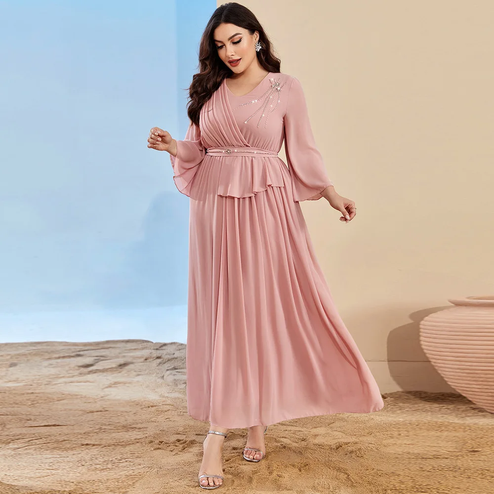 

Ramadan Pink Muslim Dress for Women Eid Arab Jalabiya Abaya Islamic Marocain Caftan Turkey Dresses Moroccan Kaftan Robe