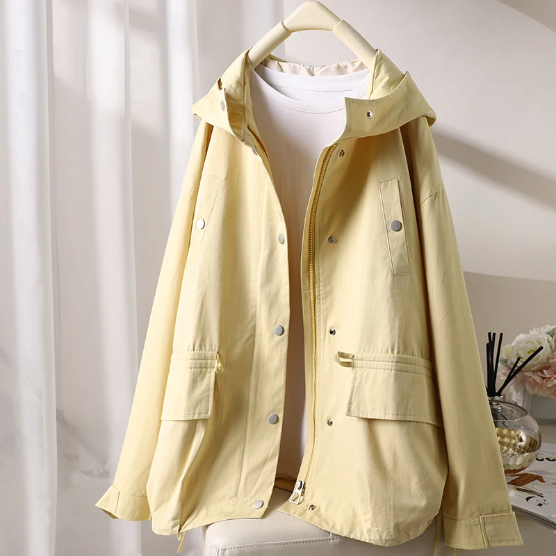 

Spring and Autumn New Product Literature and Art Pure Color Casual Versatile Women's Hooded Loose Top Zipper Pocket Design
