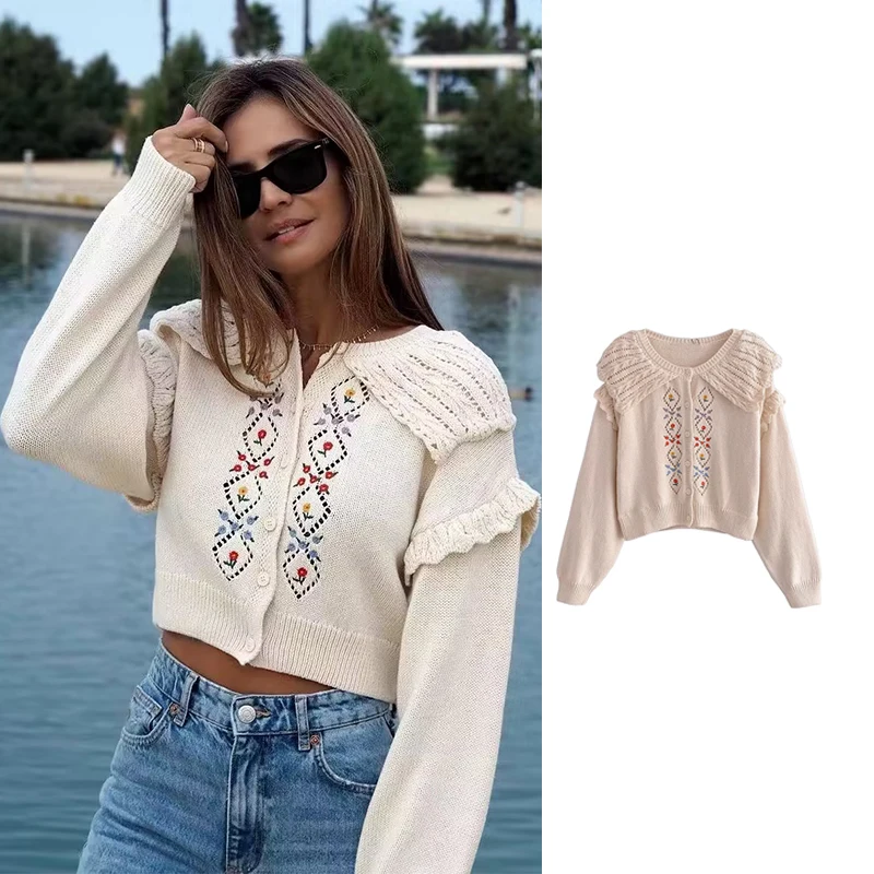 

TRAF 2023 Woman Embroidery Ruffled Knitted Sweater Cardigan Coats Long Sleeve Vintage O-Neck Autumn Elegant Cardigans Tops