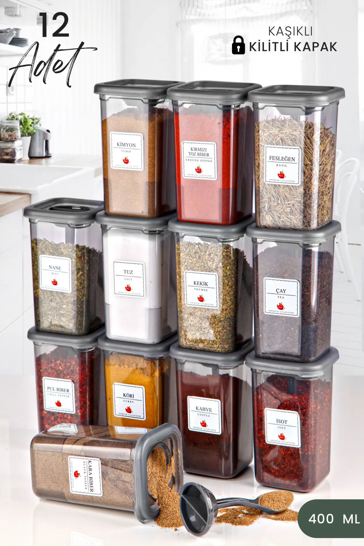 

Spice Jars Set of 12 Labeled and Lockable Lids with Spoons - Lockable