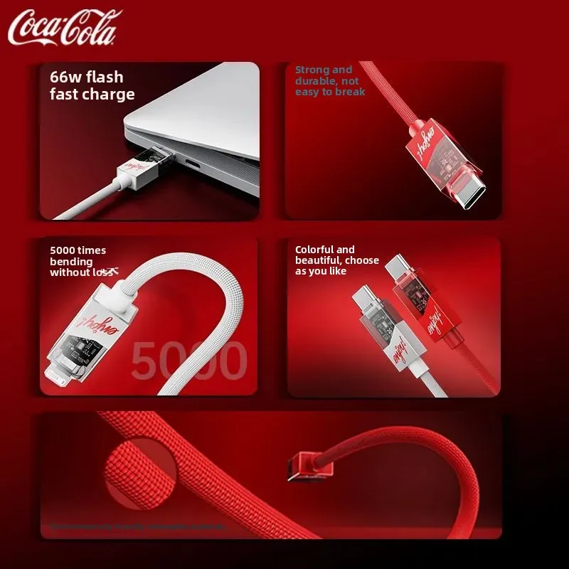 Фото Кабель для передачи данных Kawaii Cola Type C, 66 Вт, быстрая зарядка, плетеный шнур для Android, Apple, Xiaomi, Huawei, универсальный, 2026, в красивой подарочной коробке. №2
