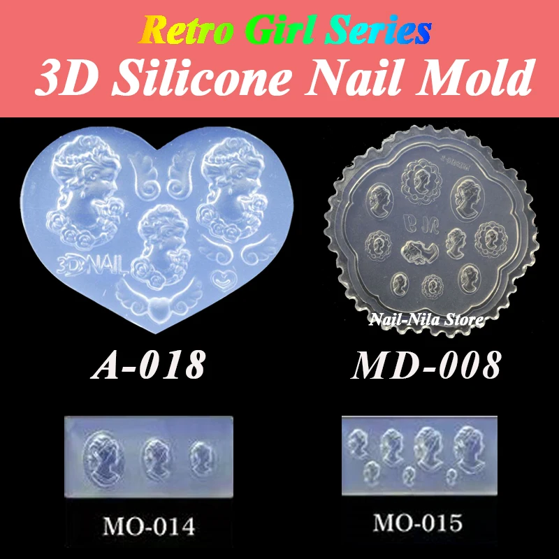 

Retro Girl Head Series Nail Mold Lady/Elf Pattern 3D Sculpting Silicone Mold Nail Template DIY Nail Salon Reusable