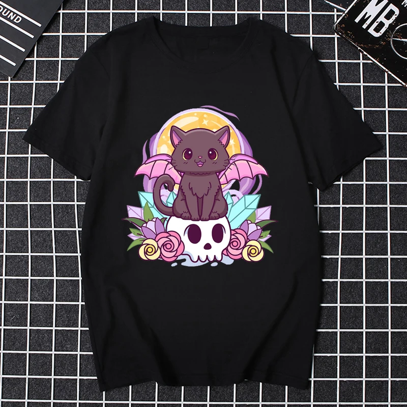

Kawaii Pastel Goth Cute жуткий Демон Кот и череп аниме женская одежда мужская женская реальная футболка подарок для девушки топы