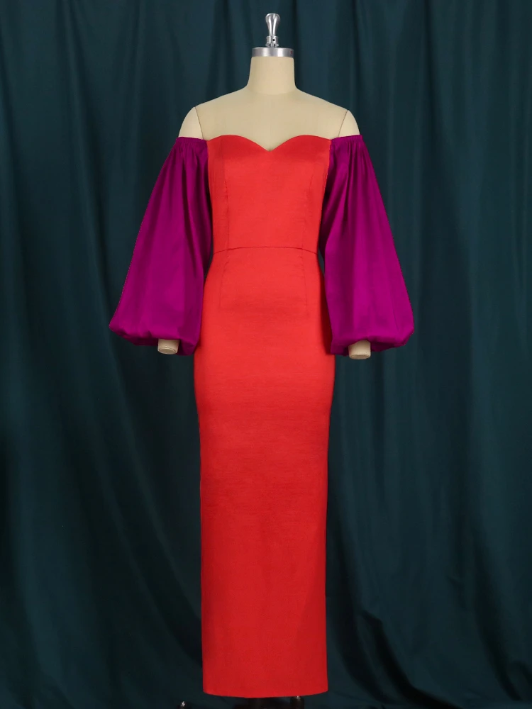 Платье женское длинное Облегающее с рукавами-фонариками и пэчворком