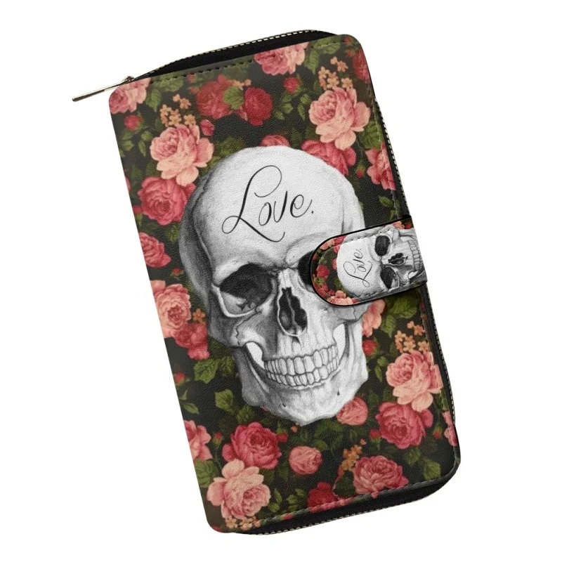 Sugar Skull Printing Leather Wallets Female Ladies Credit Card Holders Zipper Clutch Women Coin Purse Hand Bag Billetera