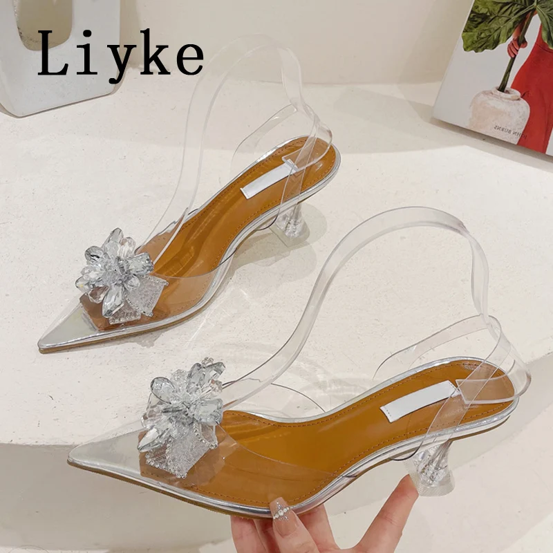 

Liyke New Brand Design Crystal Buckle Women Pumps Sexy Pointed Toe Transparent High Heels Mules Sandals Ladies Party Dress Shoes