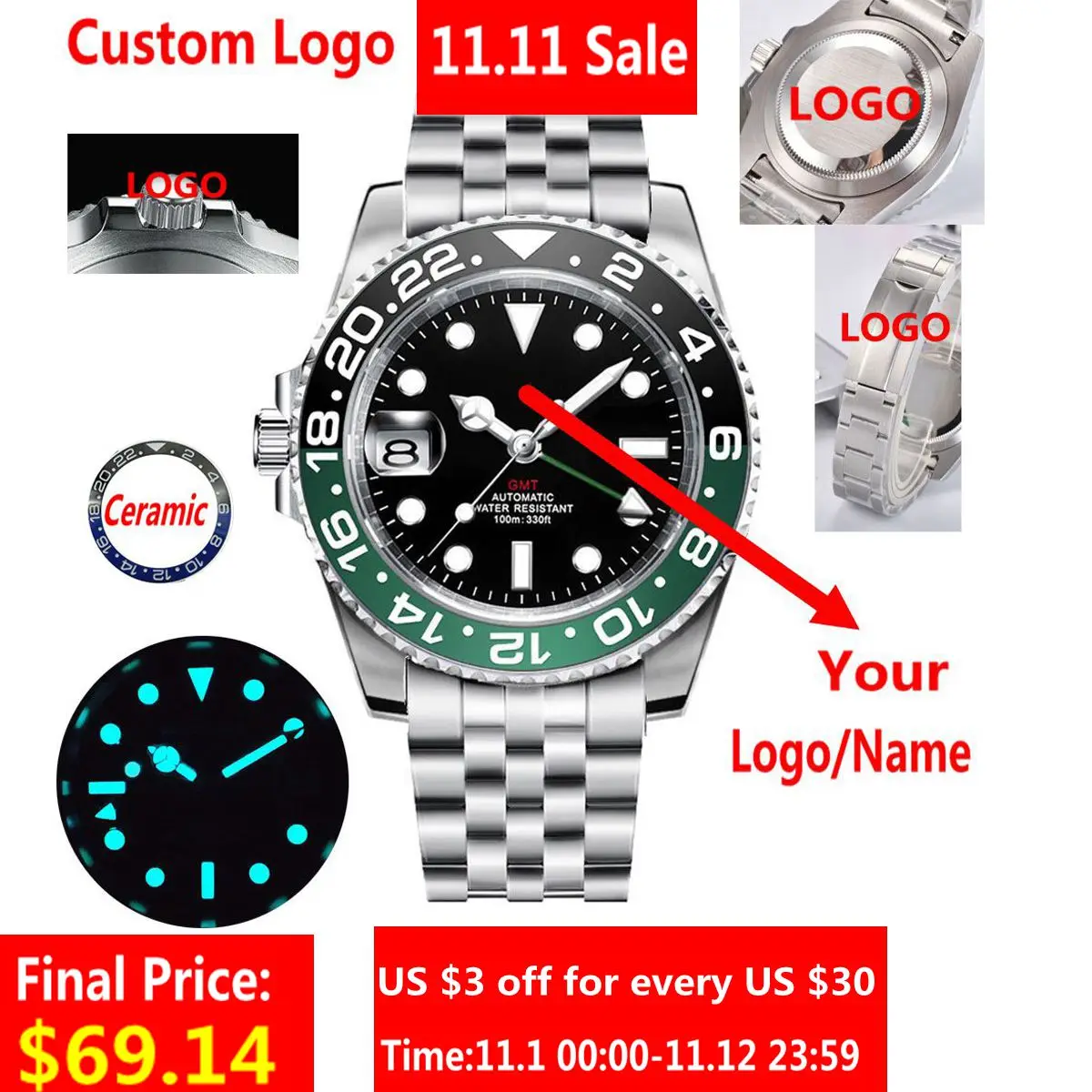 Скидка Мужские роскошные автоматические механические часы GMT 40 мм 10 бар керамический ободок светящиеся наручные часы из нержавеющей стали Relogio