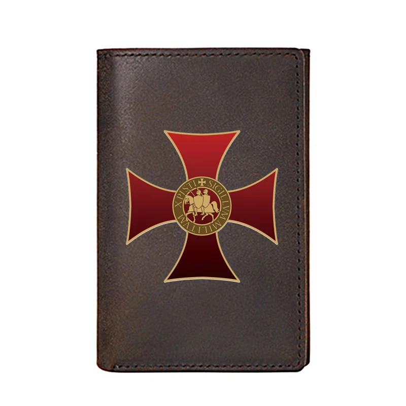 Knights Templar Cross Men Wallet Genuine Leather Printing Credit Card Holder Women High Quality Slim Mini Short Purse BQ066