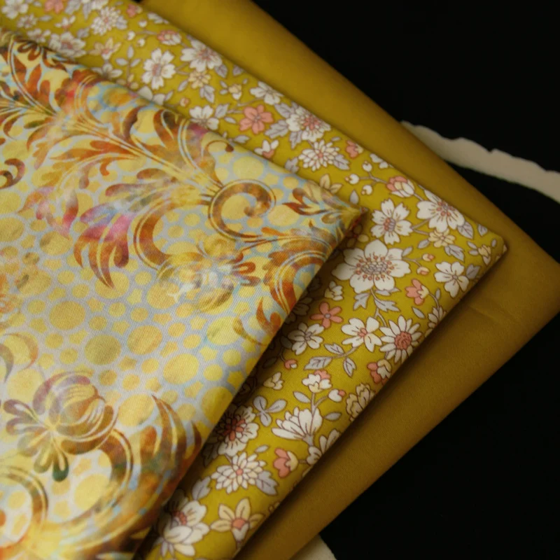 

110x50 см желтая серия Hualien однотонная ткань из чистого хлопка с цветочным принтом рубашка Одежда для куклы платье одежда ткань