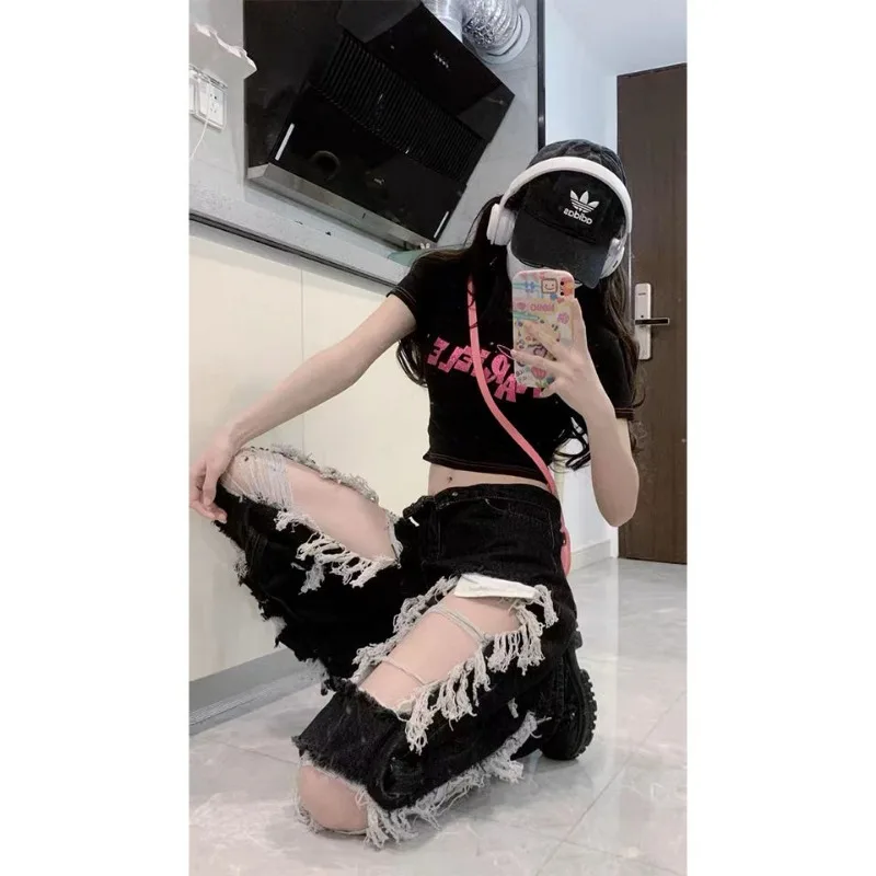 Женские рваные джинсы с завышенной талией заусенцами и кисточками свободные