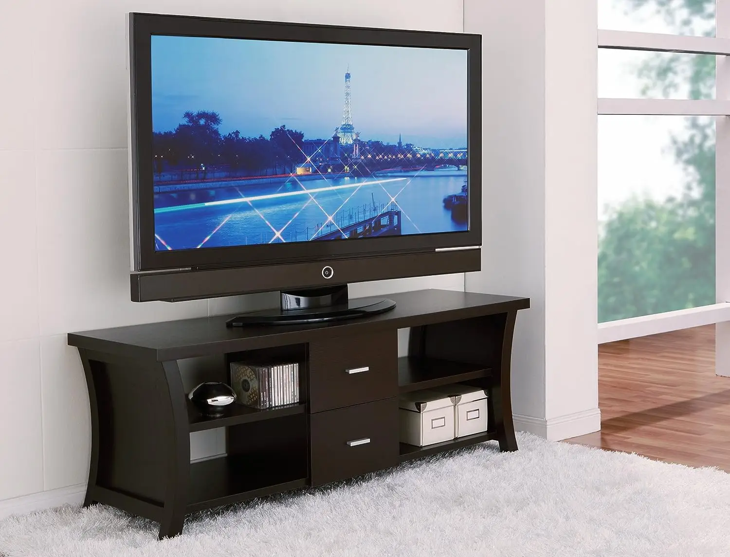 

Contemporary 2-Drawer Rectangular Top TV Stand with 4 Open Shelves, 60", Cappuccino