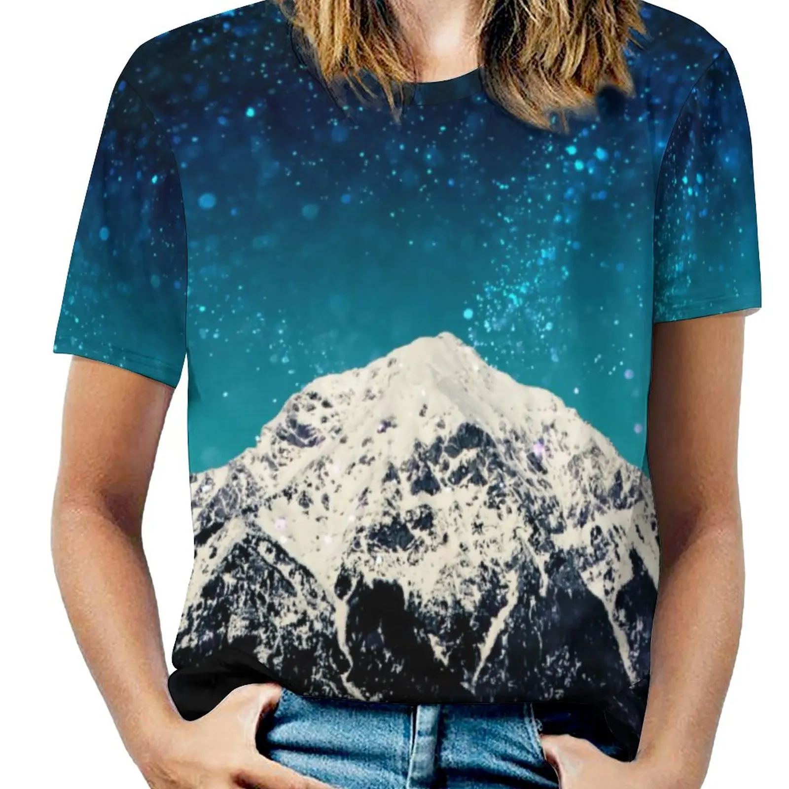 

Футболки Galaxy Mountain, Повседневная футболка с принтом звездного космоса, симпатичная большая футболка с коротким рукавом, пляжная одежда в под...