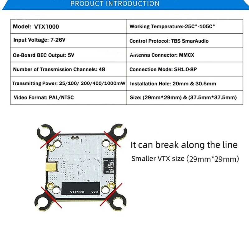 5 8G 1000Mw 48CH VTX комплект входное напряжение 7-26V мощность передачи 25/200/400/1000Mw для