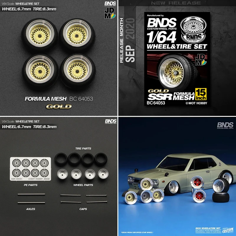 

BNDS 1:64 Alloy Wheel with Rubby Tires Install Set For Model Car Refitting Display Choice