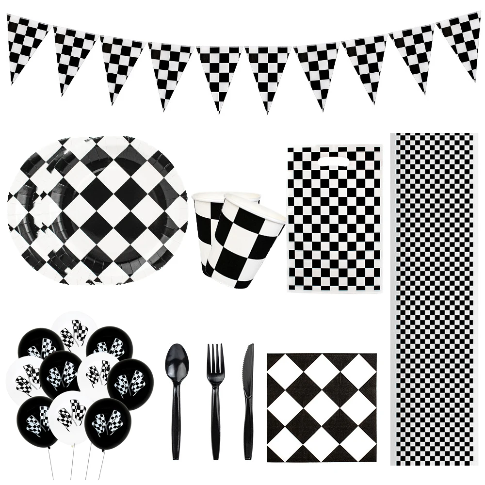 

Racing Car Balloon Party Disposable Tableware Black White Tablecloth Banner Paper Plates Cup Napkin Set Boy Birthday Party Decor