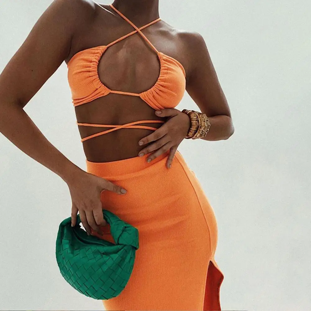

2 Pcs/Set Women Cropped Top Skirt Set Solid Color Straps Hollow Out Sexy Slim Fit Off Shoulder Halter Neck Outfit Set Female