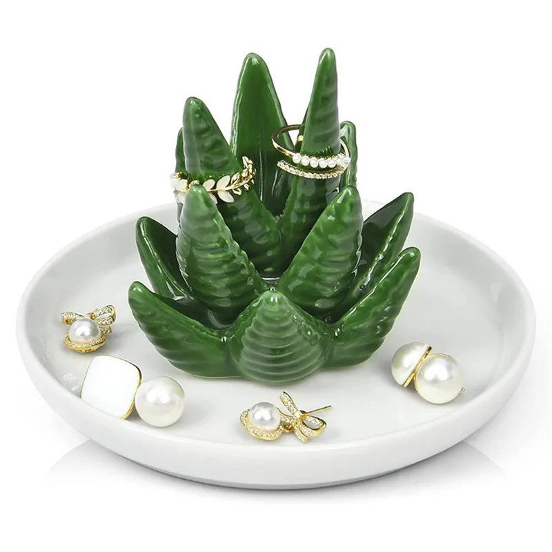 Cactus/Aloe Shape Ring Holder Dish Ceramic Succulent for Jewelry Organizer Display Home Decor Festival Gifts for Mom Wife Girls