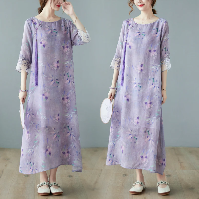 

Retro Ramie Printed Improved Cheongsam Five Sleeve Dress Loose Temperament In Summer Thin Long Skirt Female Purple