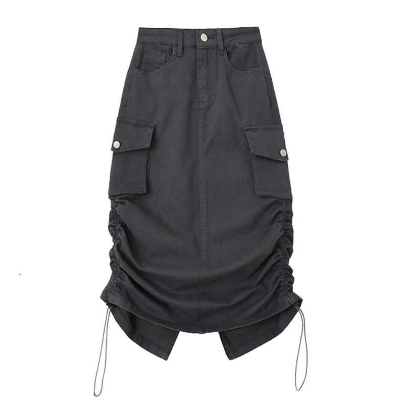

2022 Cargo Vintage Baggy Women Maxi Skirts Solid Shirring Pockets Streetwear Harajuku Punk Chic Gray Aesthetic Irregular Skirts