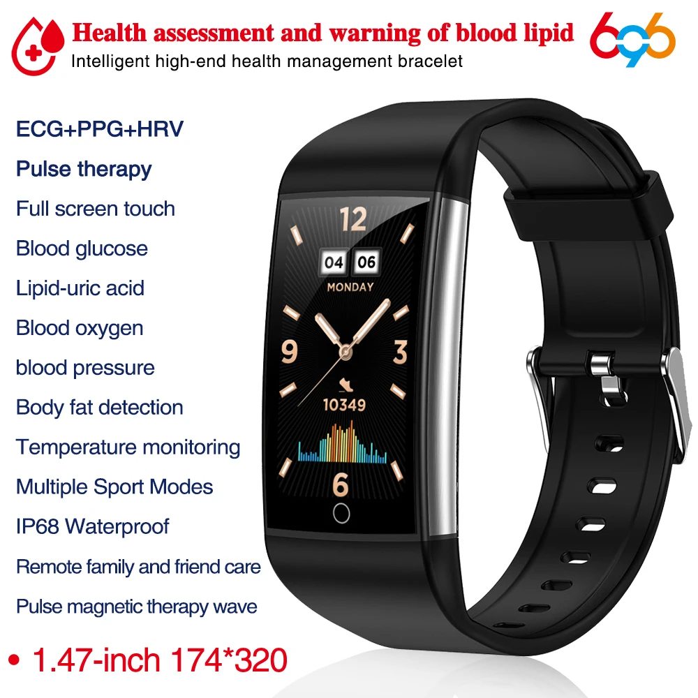 

ECG PPG HRV Blood Lipids Uric Acid BLood Glucose Temperature Health Smart Watch Sports Fitness Waterproof Blue Tooth Smartwatch