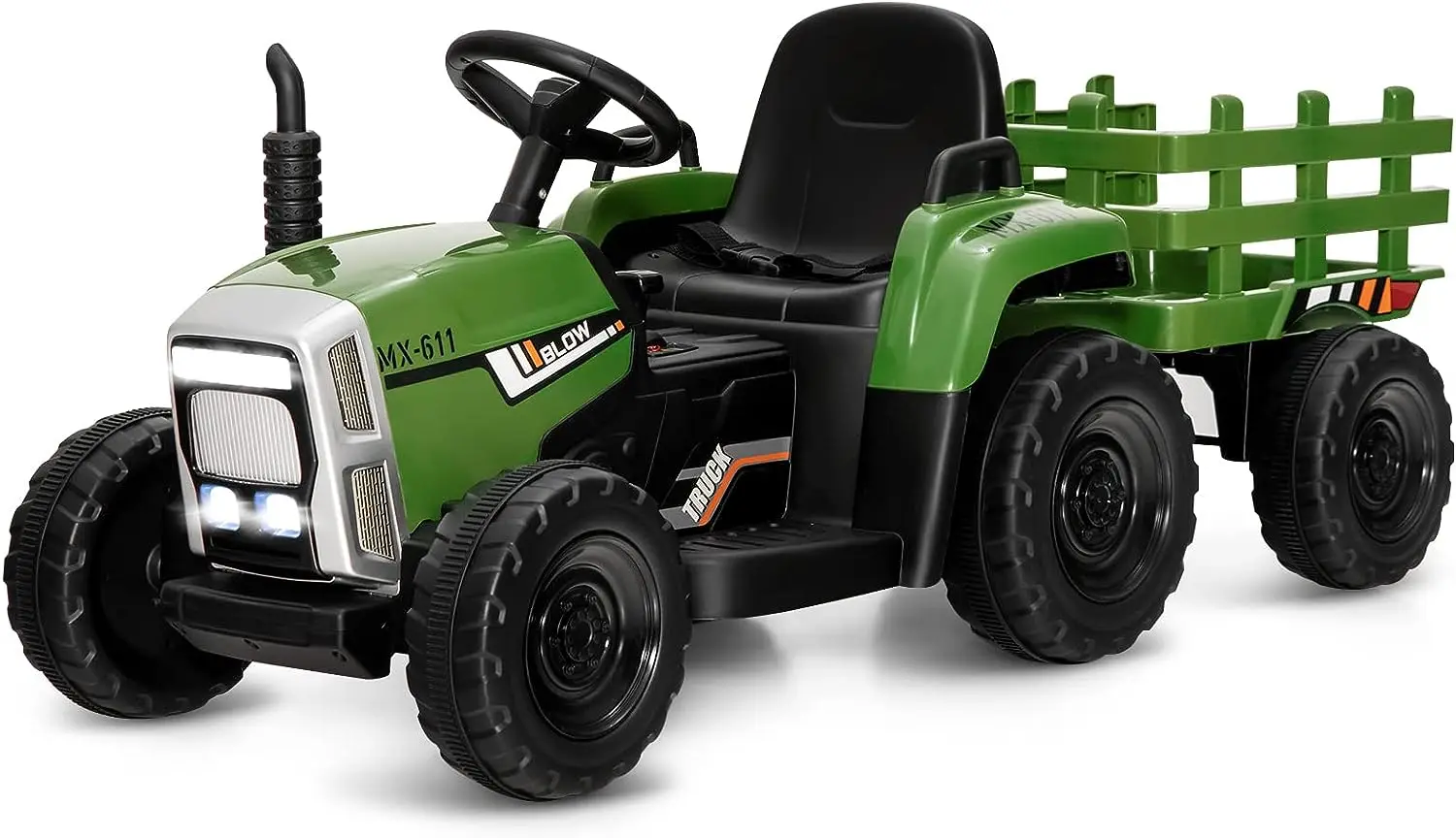 HNW Ride on Tractor w/ Trailer 12V Battery Powered Electric Vehicle Toy 3-Gear-Shift Ground Loader, LED Lights, Kids Ride on Car