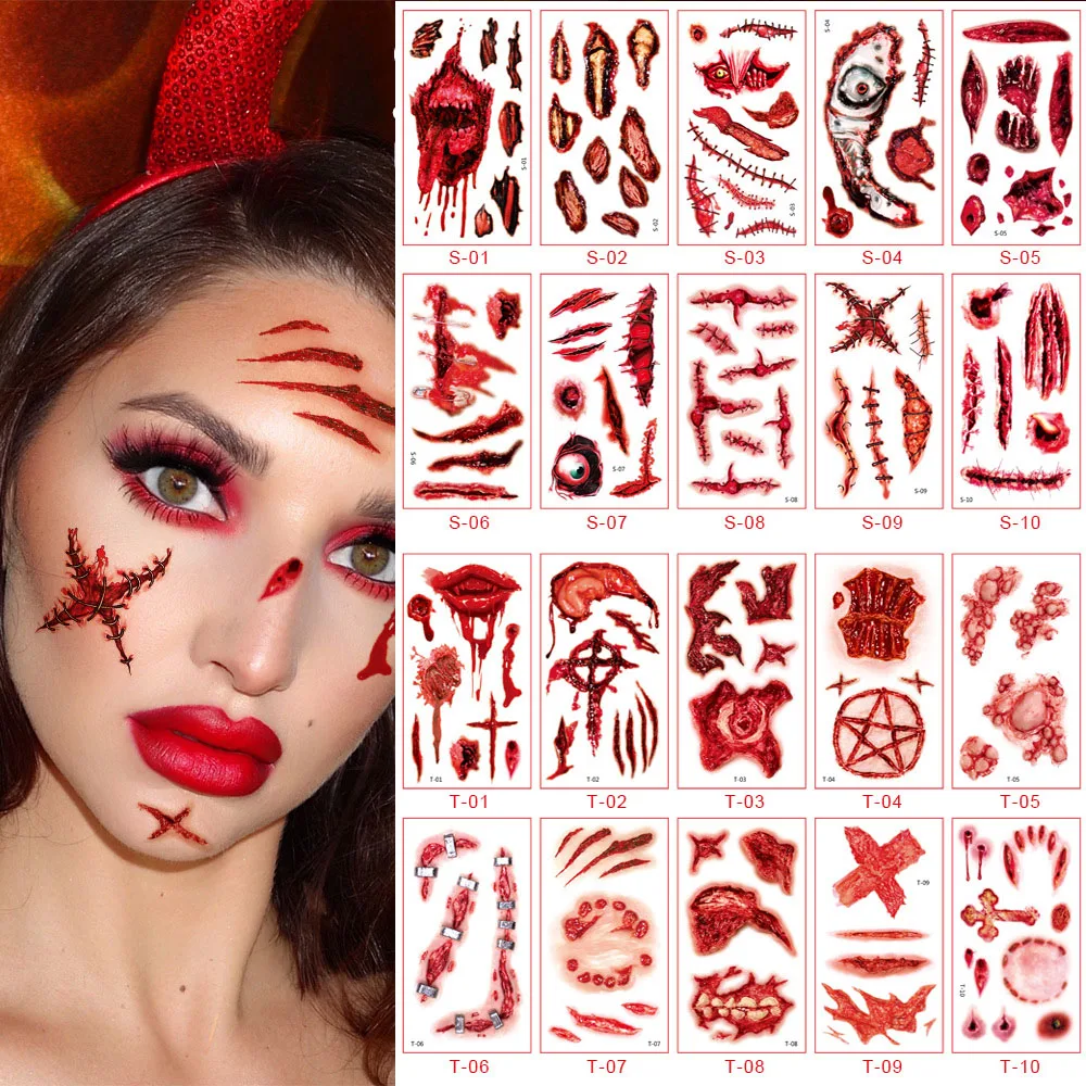 

10pcs Halloween Scary Bloody Wound Tattoo Stickers for Adult Kids DIY Waterproof Temporary Dress Up Holiday Party Decoration