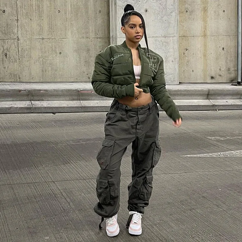 Embroidery Cotton Clip Cut Short Baseball Zip Up Jacket Warm Parker Coat Winter Casual New Women Stresswear Wholesale High Waist