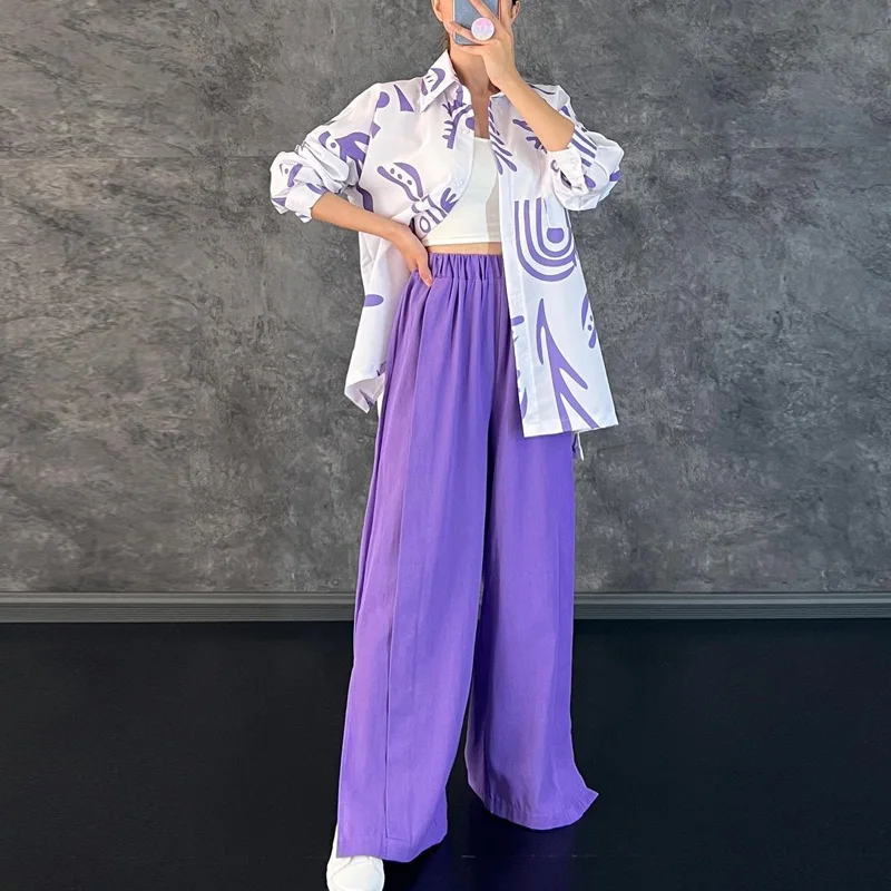 

Fashion Print Loose Shirt Outifts Summer Casual Long Sleeve Button Tops & High Waist Slit Pants Suits Women Cotton Two Piece Se