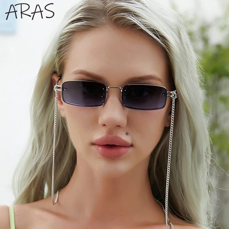 

Rimless Small Rectangle Chain Sunglasses Women 2022 New Fashion Luxury Brand Metal Frameless Sun Glasses Ladies Sunshade Female