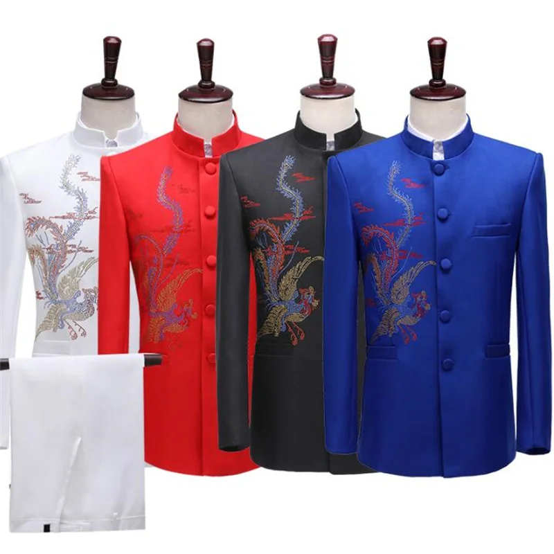 Embroidery blazer men chinese tunic suit set pants mens wedding suits costume singer stage stand collar clothing formal dress
