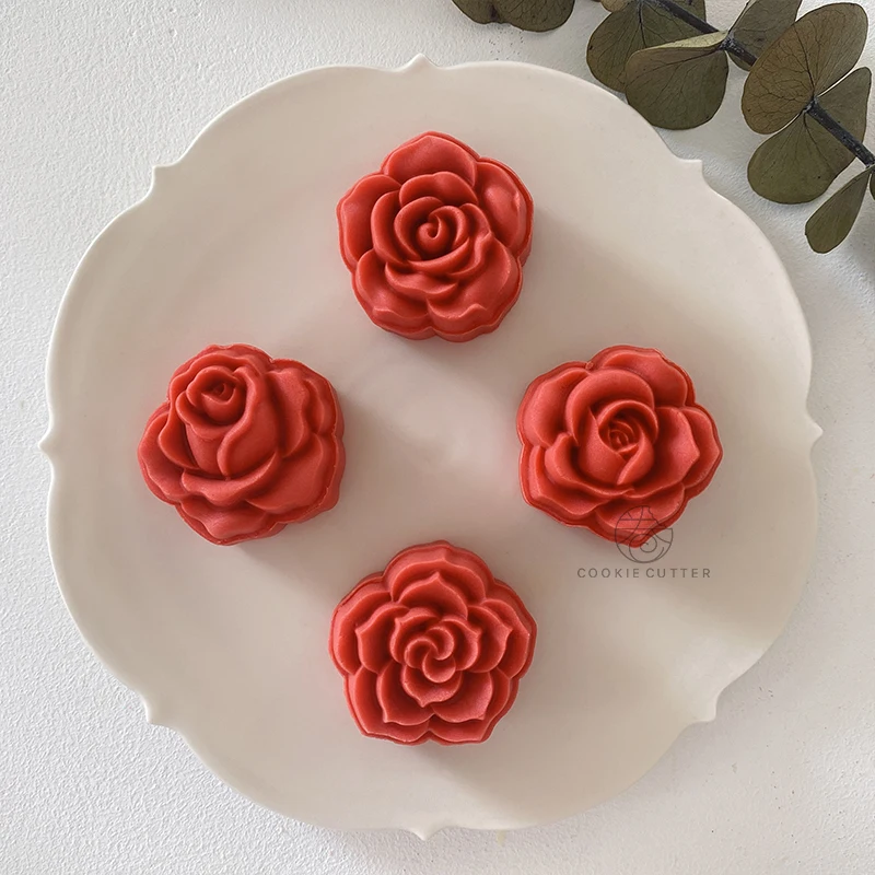 

4Pcs/Set 30g/50g Rose Flower Shape Mooncake Mold 3D Hand Pressure Green Bean Cake Pastry Dessert Sugar Baking Mold ABS Plastic