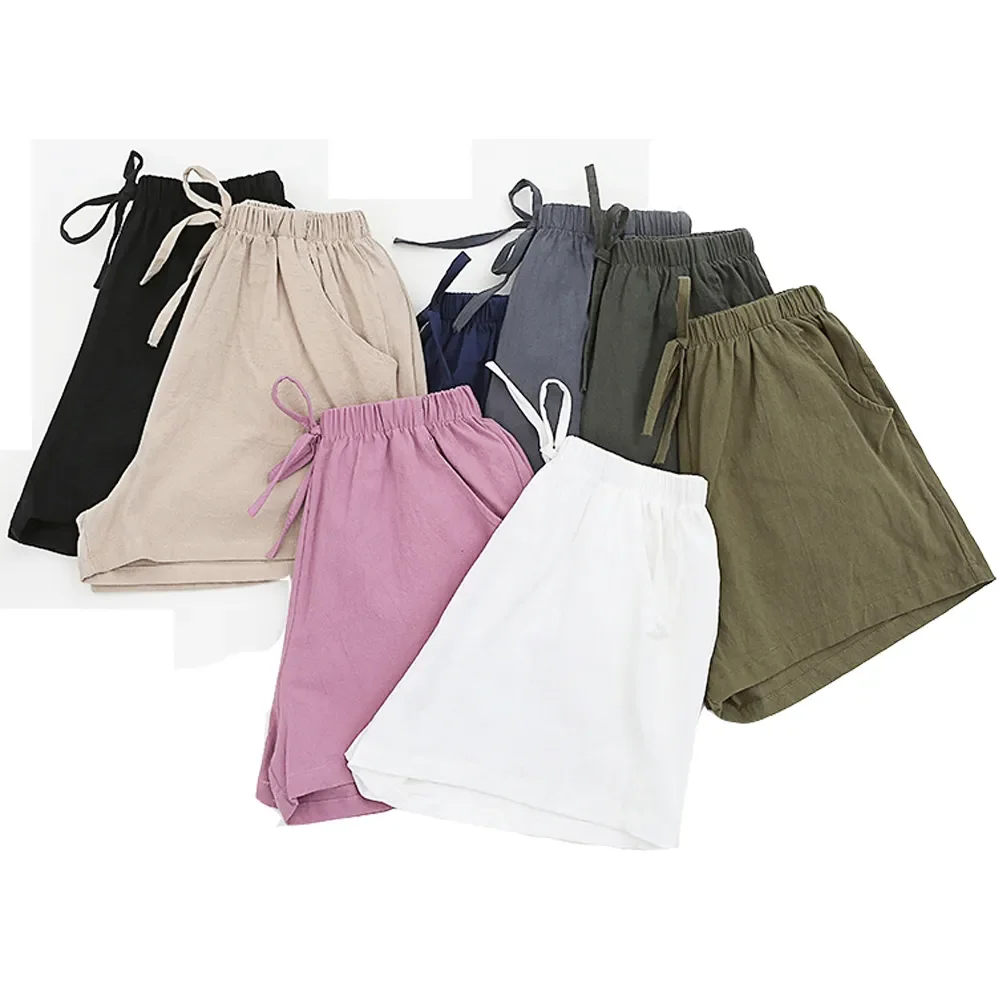 Summer Elegant High Waist Flax Shorts Women Casual Solid Wide Leg Loose Cotton Short Pants Bottom Pant Pocket Black Trouser