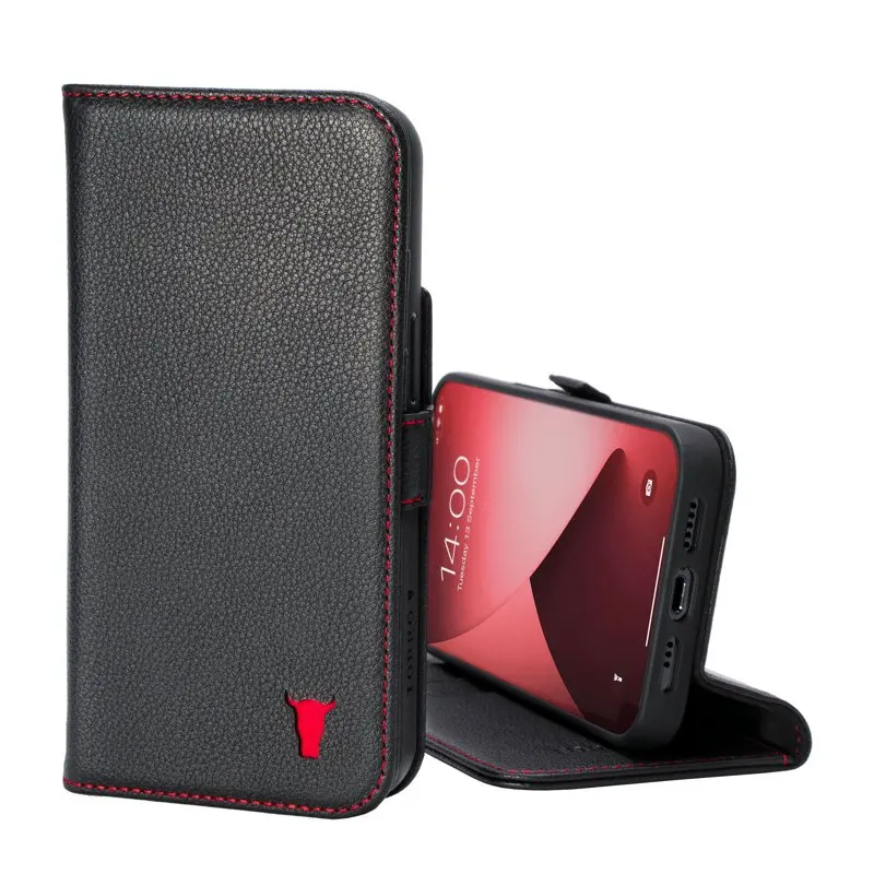

Case Compatible with iPhone 14 – Genuine Wallet Case/Cover with Card Holder and Stand Function (Black with Red)