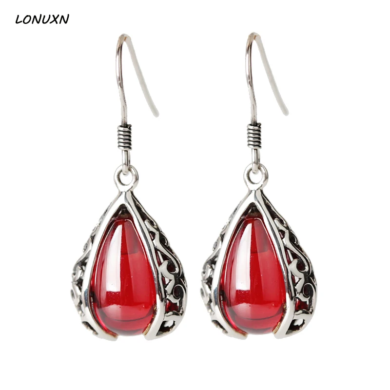 

High Quality 925 Sterling Silver Earrings Women Jewelry Bohemia Earrings Fashion Simple Red Garnet Drop Shape Tassel Lovers Gift