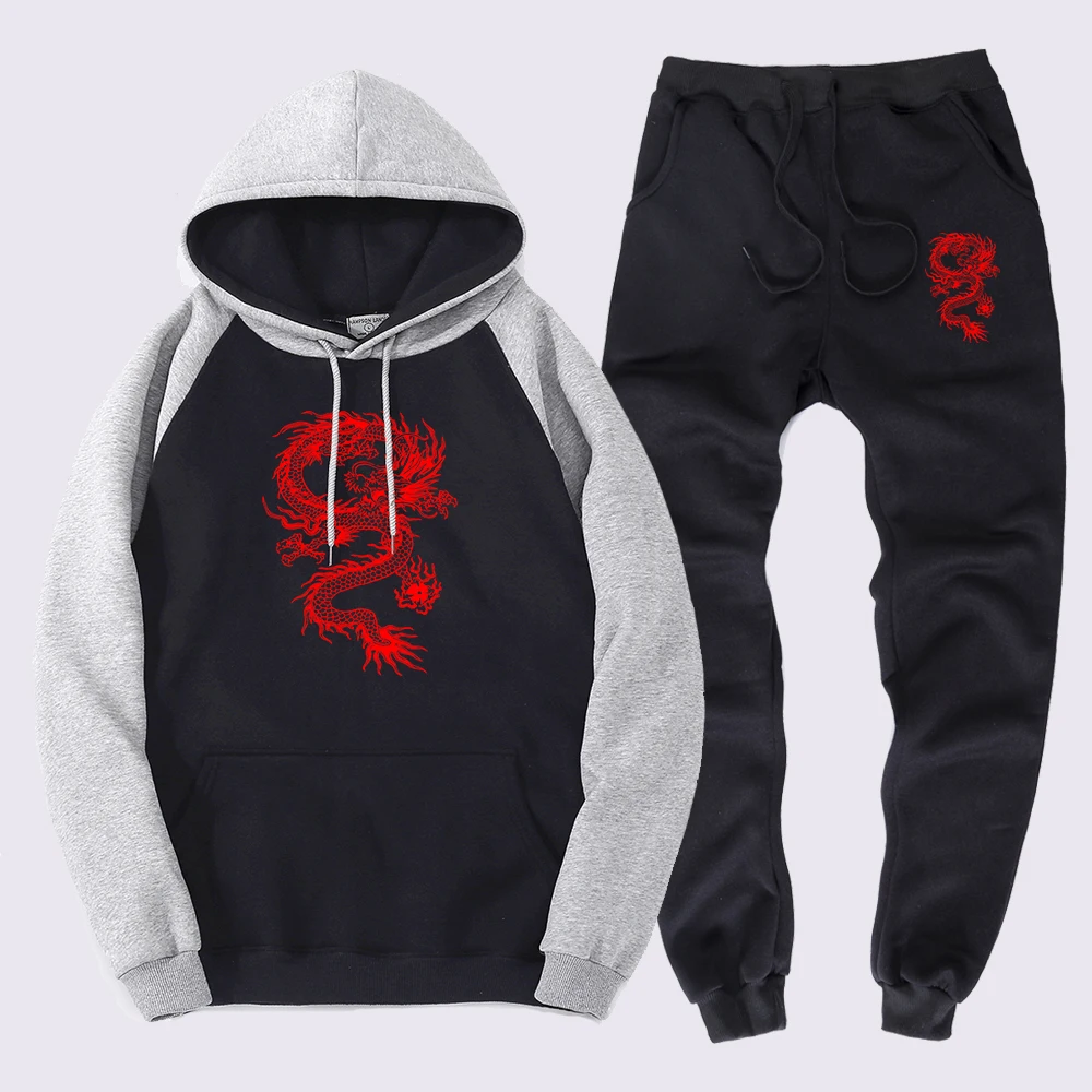 

The Red Dragonprinting Men Hooded Harajuku Hat Rope Sweatshirts Fashion Sports Streetwear Personality Hooded Sweatwears Suits