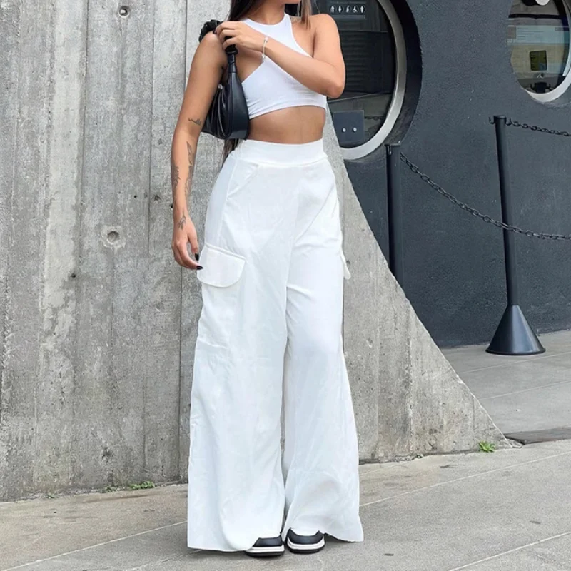 Casual High Waist Wide Pants for Women Black White Office Women's Cargo Pants 2023 Fashion Loose Full Length Ladies Trousers