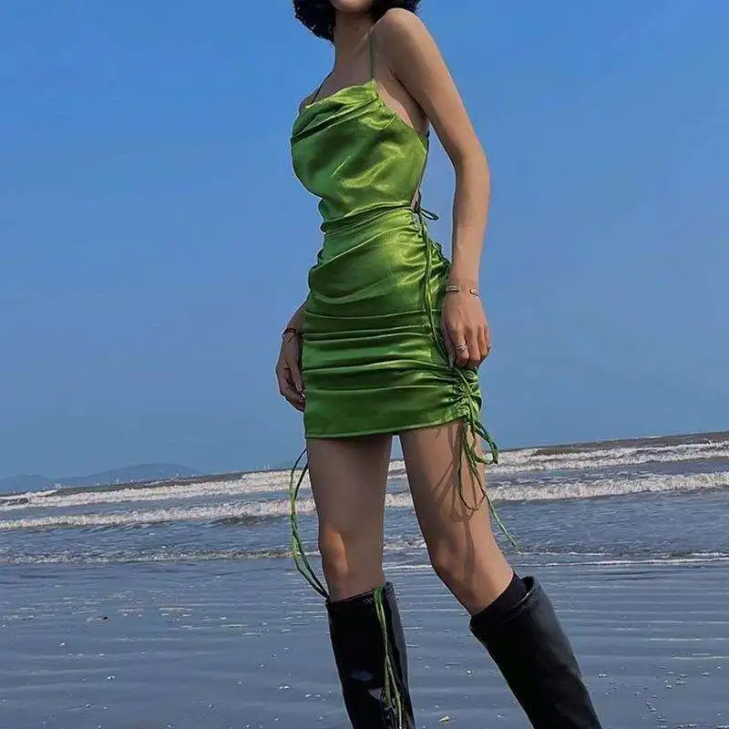 

Spring Item Temperament Straight Collar Straps Backless Dragline Dress Women