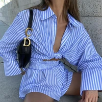 womens sets blue striped two piece sets womens outfit long sleeve shirt high waist shorts sets 2022 new summer 2 piece outfit
