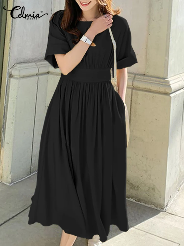

Celmia Casual Pleats A Line Maxi Vestidos Summer Women Elegant Long Dress With Pockets 2022 Fashion Short Sleeve Party Sundress